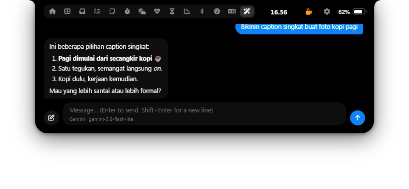 The AI Chat tab in Poni: a request for a morning coffee caption and an answer with three caption ideas