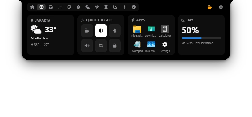 Dashboard Poni dengan widget cuaca, quick toggles, aplikasi dan progres hari