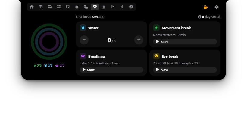 Tab Health di Poni: tiga cincin, kartu Water, Movement break, Breathing dan Eye break