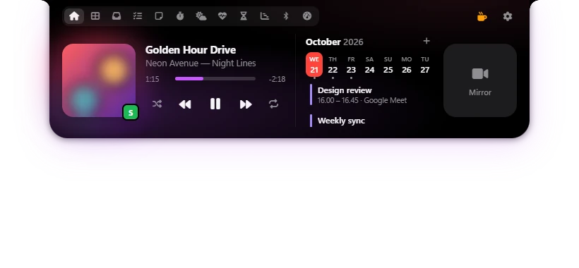 Poni open on the Home tab: the song playing, the calendar and the Mirror