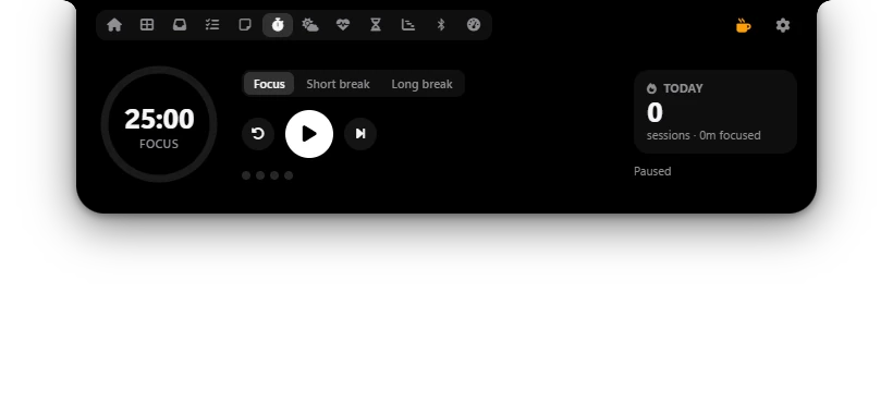 Tab Pomodoro di Poni, timer 25:00 Focus sebelum dimulai