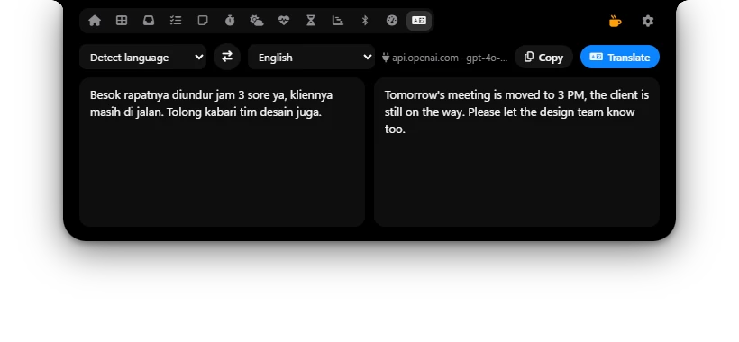 The Translate tab in Poni: Indonesian text on the left, the English translation on the right