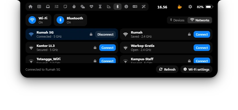 Daftar jaringan Wi-Fi di Poni dengan tombol Connect dan Disconnect